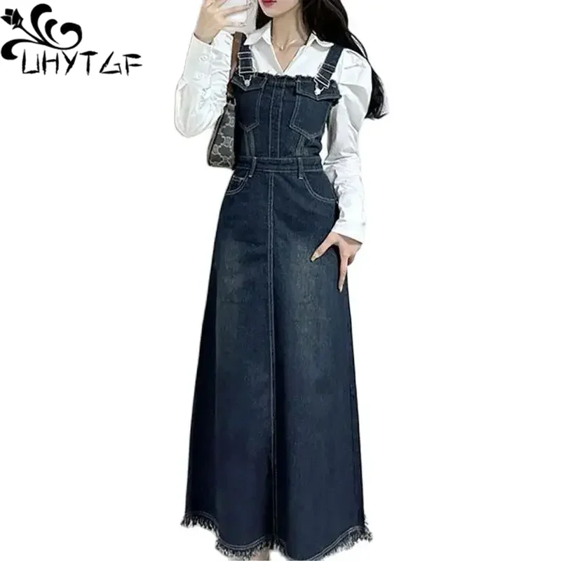 Женское джинсовое платье с бахромой винтажное ТРАПЕЦИЕВИДНОЕ ПЛАТЬЕ на бретелях