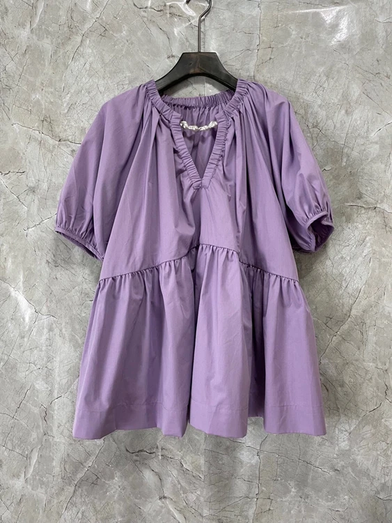 

2022 new women fashion neckline beaded stitching wrinkled V-split solid color doll top shirt 513