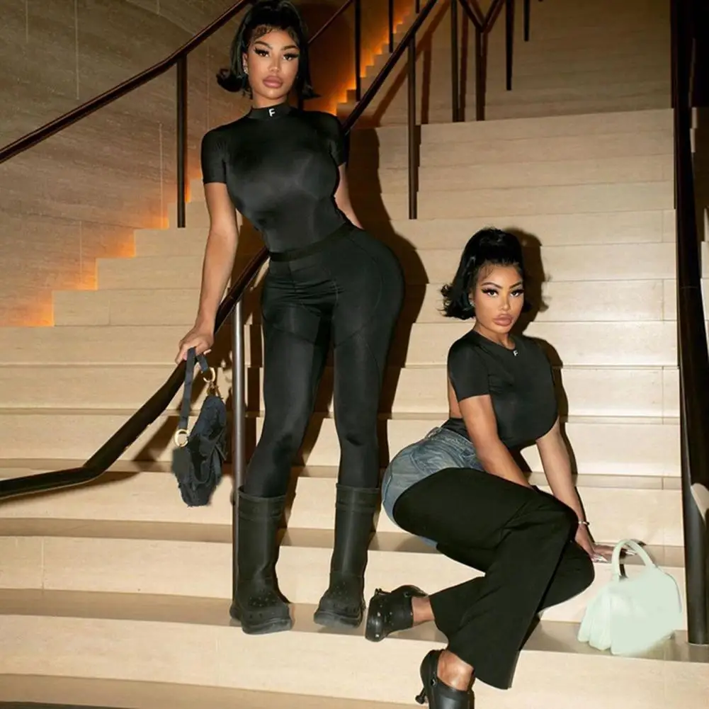 

2 Pcs/Set Club Tops Pants Set Solid Color Black Sexy Cool Two Pieces Skinny High Waist Butt-lifted Breathable Shirt Trousers Set