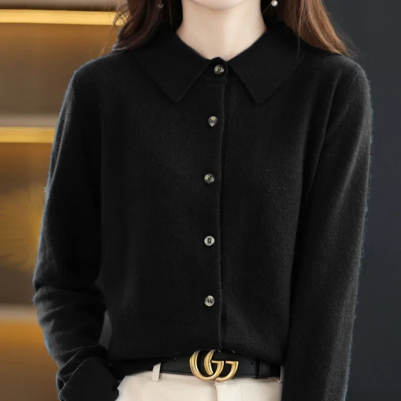 Женский трикотажный кардиган с отложным воротником длинным рукавом