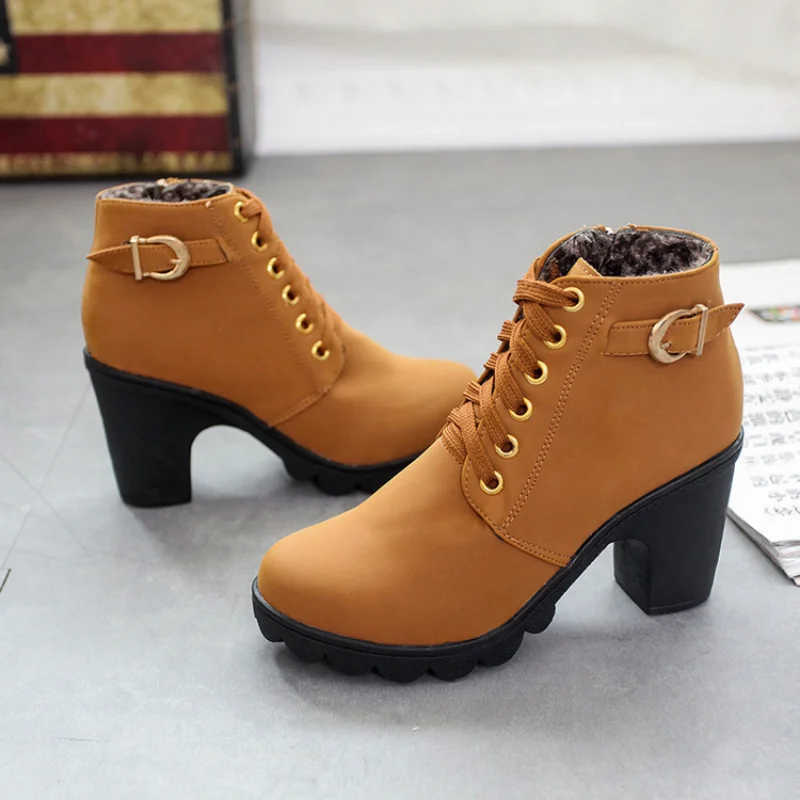 High-heeled Snow Boots Winter New Women Boots Cross Lace Up Short Boots Thick-heeled Zipper Boots Plus Size Woman Boots