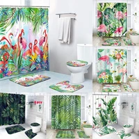 tropical leaf flamingo shower curtain set watercolor green leaves animal rural plant bath curtains bathroom mat rug toilet cover