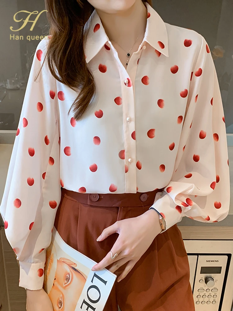 

H Han Queen Autumn Lantern Sleeve Dots Shirt Women's Blouses Korean Work Casual Tops Chiffon Blouse Loose Woman Vintage Shirts