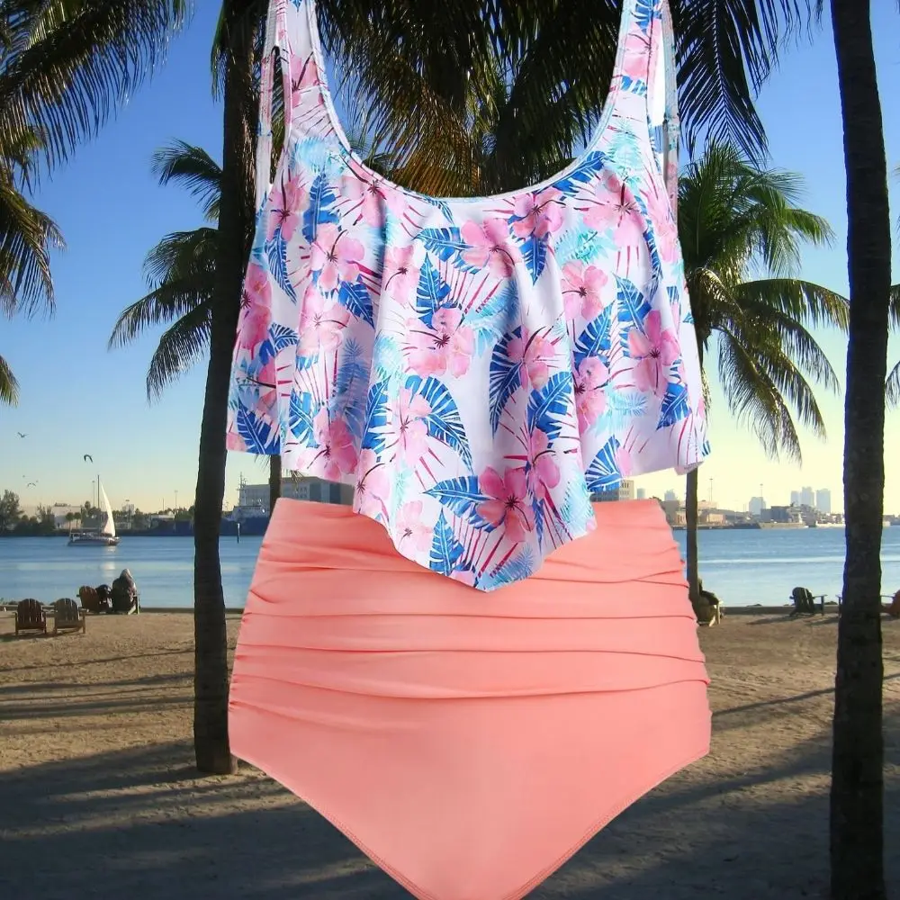Women Pink Floral Oversize Tankini High Waist Tummy Control Swimwear 2 Pieces Sweet Beach Bathing Suit Set