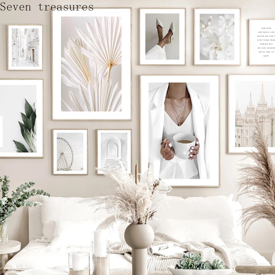 

Woman Flowers Palm White Building Street Wall Art Canvas Painting Nordic Posters And Prints WallFor Living Room Decor Pictures