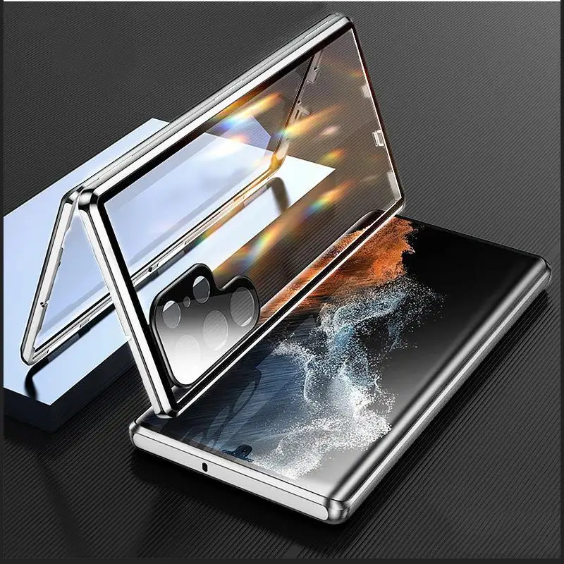 

For Samsung S23 S22 S21 S20 Ultra Note20U Case 360° Metal Magnetic Full surround with HD Privacy glass Camera protection cover