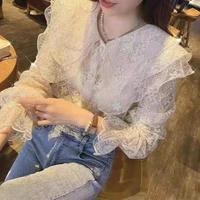 autumn new fashion women long sleeves peter pan collar tops shirts female elegant lace office ladies hollow out blouses j199
