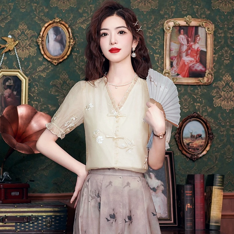 Женская летняя блузка с коротким рукавом и V-образным вырезом