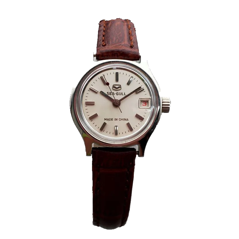 

90's new stock Seagull manual mechanical ladies watch vintage white steel round calendar classic collection leather