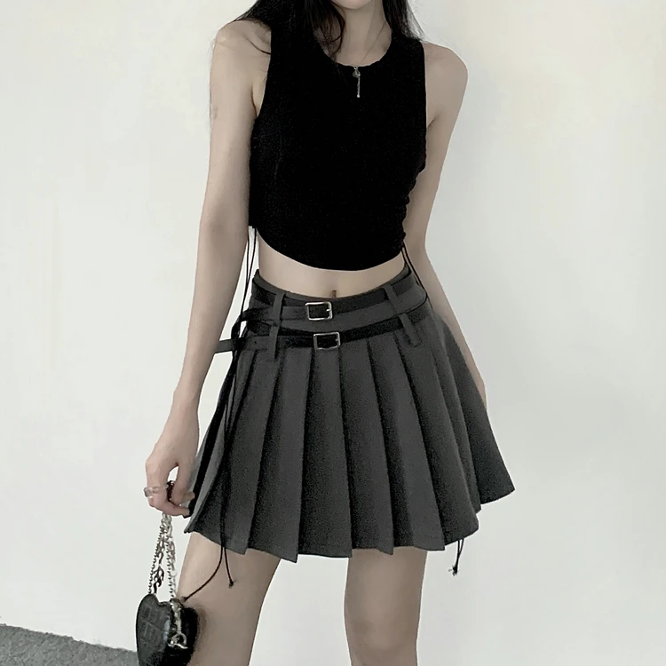 

Solid Gray Black Mini Pleated Skirt with Belt JK Uniform High School Fashion harajuku goth grunge aesthetic y2k korean clothing