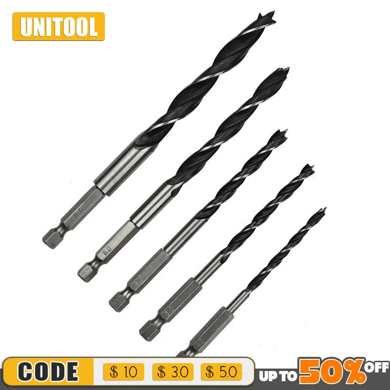 

5pcs 1/4 4/5/6/8 10mm Hexagonal Handle Three Pointed Woodworki Drill Bit Set Woodworking Hole Reaming Power Tool