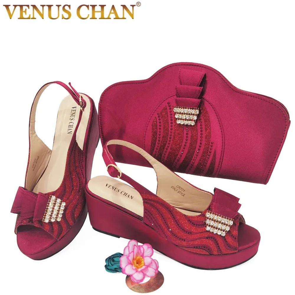 Venus Chan 2023 Elegant Chunky Wedges High Heels for Ladies Wine Color Rhinestone Striped Shiny PatchBag and Shoes Matching Set