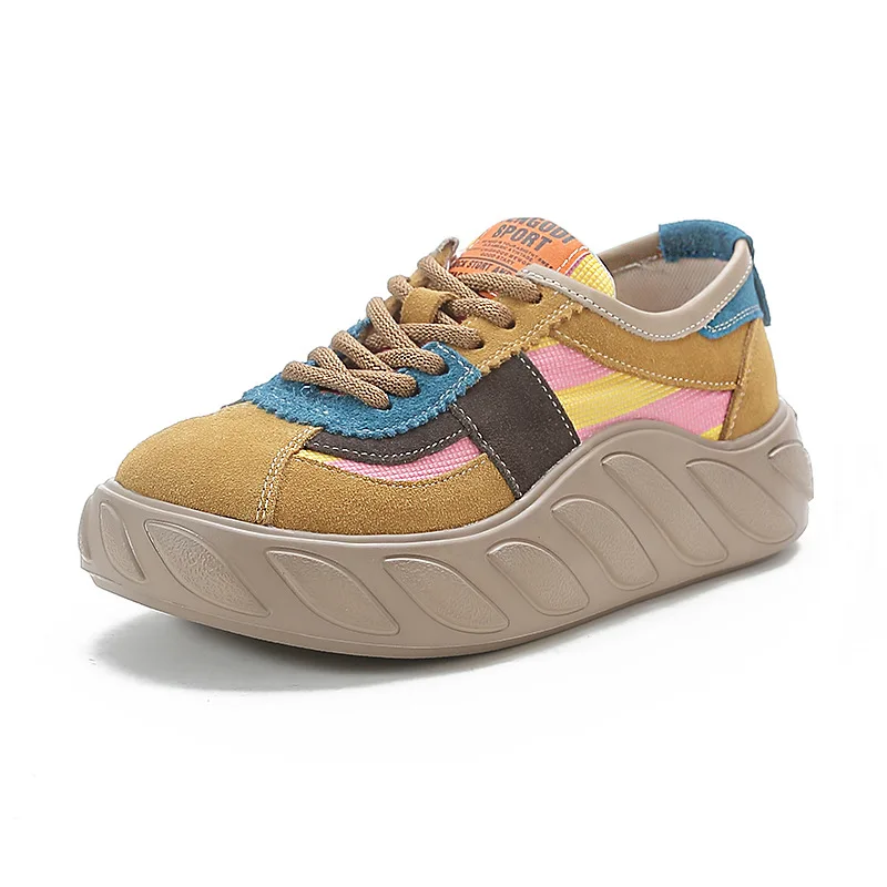 Autuspin Nubuck Leather Vulcanized Shoes Ladies Spring Autumn Retro Women Casual Chunky Sneakers Outdoor Cross Tied Sneaker 4cm