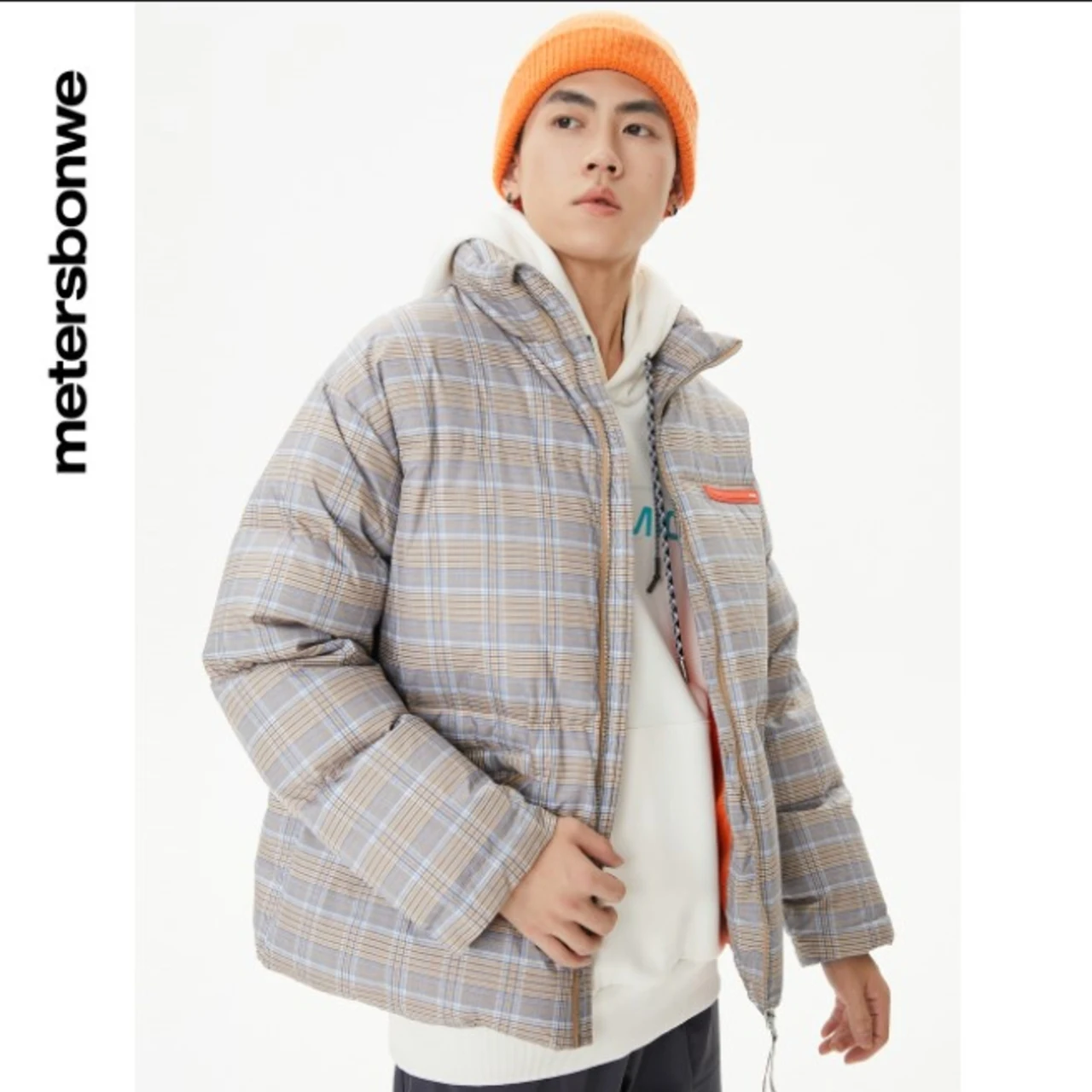 Metersbonwe Men's Plaid Stand Collar Short Down Jacket 90% Duck Down Thick Warm Wear Loose High Quality Winter Down Coats