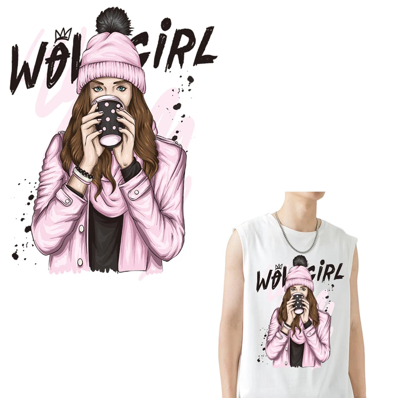 

TuQiang Coffee Girl Heat Transfer Vinyl DIY Thermo Stickers Print on T-shirt Canvas Bag Iron on Patches for Clothes Appliques