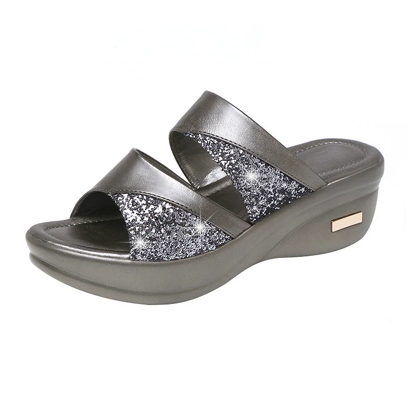 Women Summer Slippers Fashion Gold Silvery Color  Women Wedges  Shoes Slip-On Mules Loafer Sandals Slides Ladies Shoes