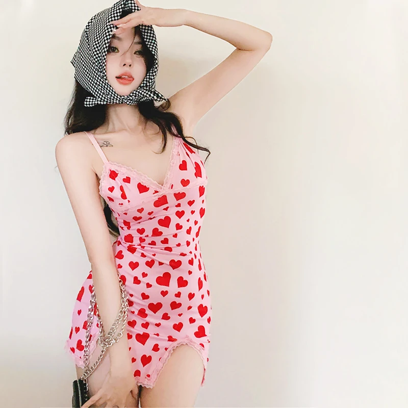 

Женское платье с кружевной юбкой, красное Персиковое розовое платье с открытой спиной, облегающее платье на бретелях с глубоким вырезом и принтом в виде сердца