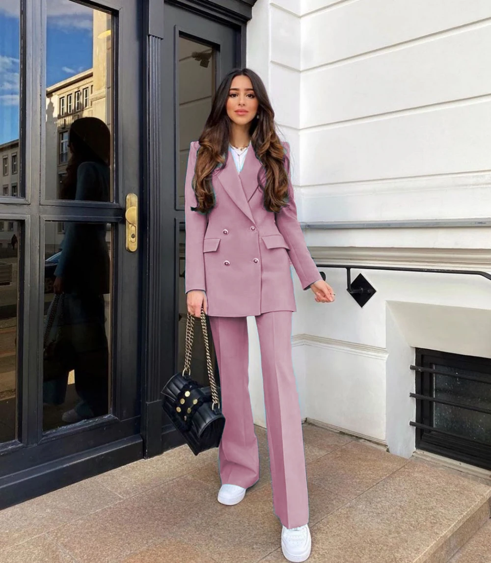 Fashion Blue Women Suits Set Mid Length Double Breasted Pants Blazer Office Ladies Wear Business 2 Pieces Slim Fit Наборы брюки