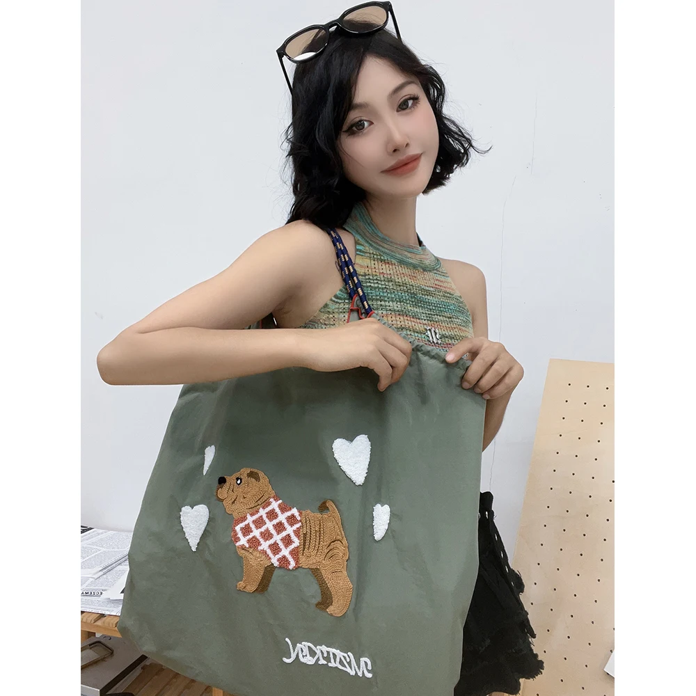 Cute Dog Embroidery Designer Bags for Women Nylon Eco Bag Handbags and Purses Large Shopper Tote Bags Animal Shoulder Bag New