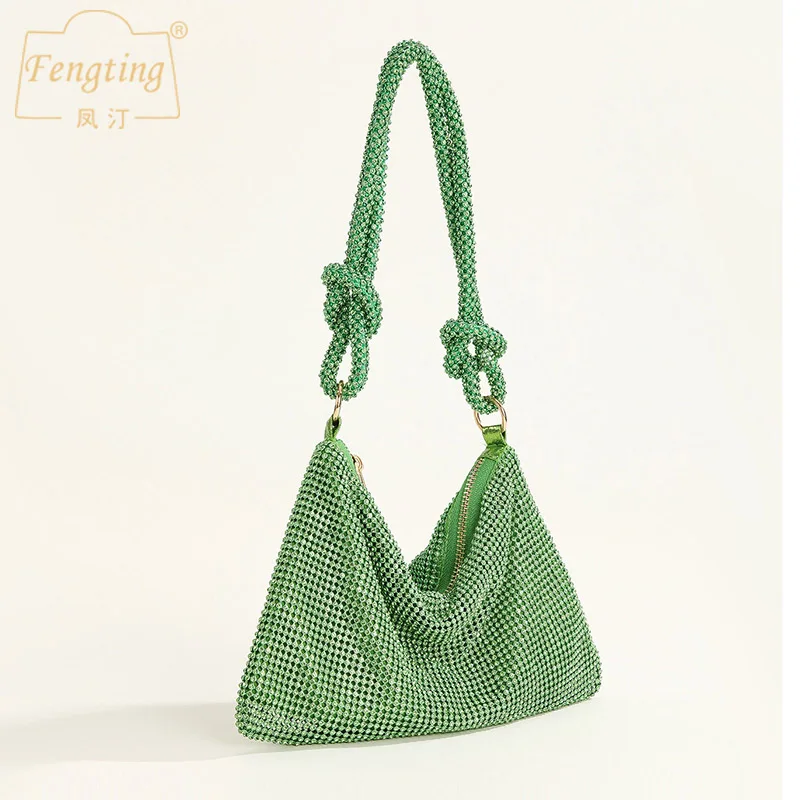 

luxury Designer Hobos shoulder bag Shining Rhinestones Evening clutches Crystal handbag party purses red green gold B499
