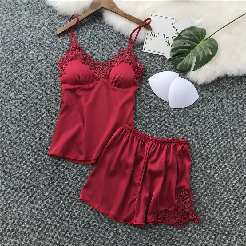 New Women Pajamas Sets Satin Sleepwear Silk 4 Pieces Nightwear Pyjama Spaghetti Strap Lace Sleep Lounge Pijama With Chest Pads
