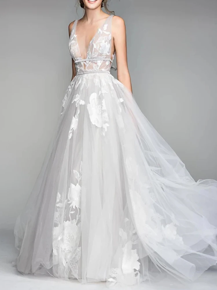 

New Long Wedding Dress for Women Bride 2023 Appliques V Neck Sleeveless Backless Floor Length Party Vestido De Noiva Robe 2023