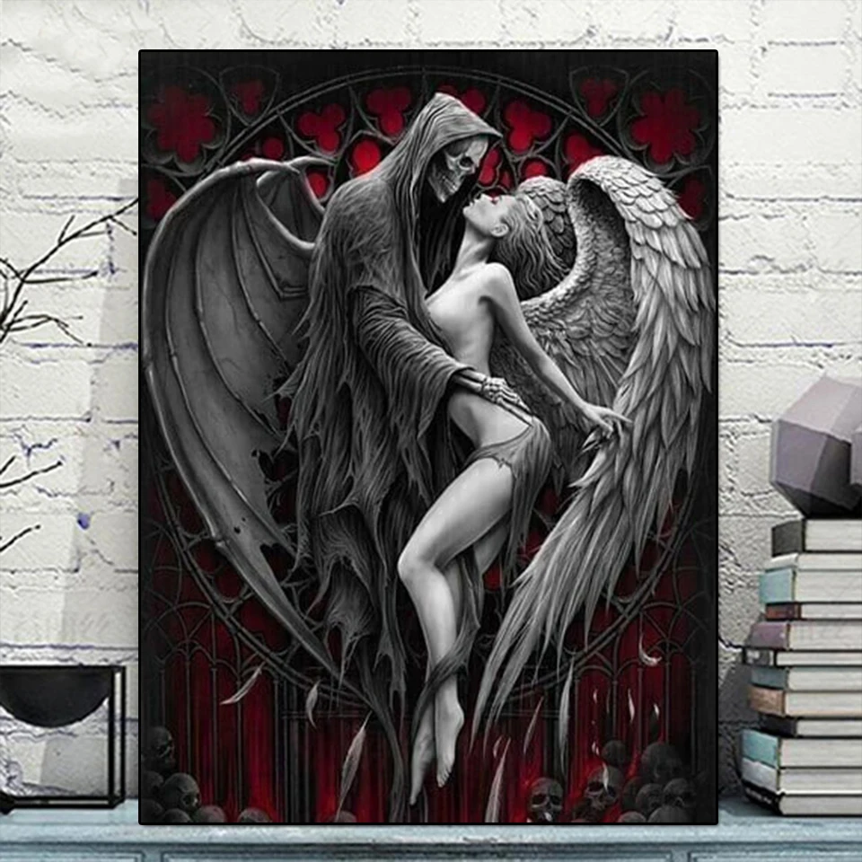 

Алмазная живопись с изображением темного черепа ангела для пар, мозаика, полная 5D алмазная Вышивка крестиком, Готический Декор для дома, Хэллоуин, подарок