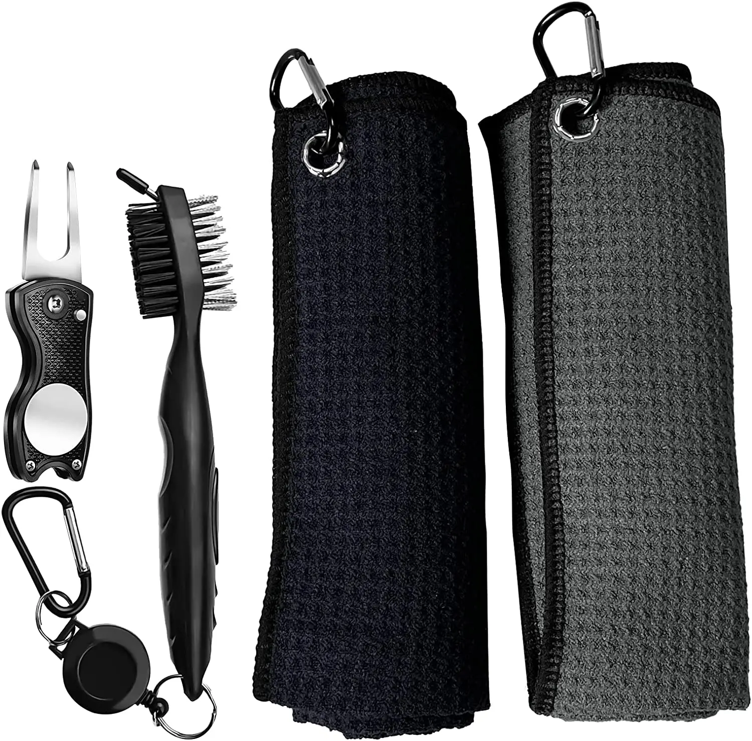 Golf Cleaning Set - Club Brush Groove Cleaner And Foldable Pop Up Divot Tool With 2 Microfiber Waffle Pattern Golf