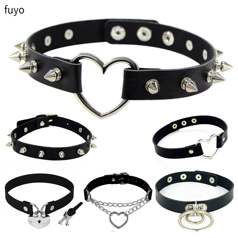

New Fashion Cosplay Harajuku Punk Rock Gothic necklace Sexy PU Leather Heart Round Spike Collar Choker Necklace Body Accessories