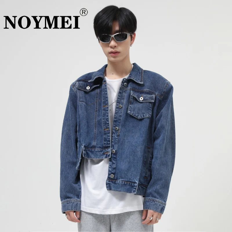 

NOYMEI Short Coat Denim Men Autumn Shoulder Pad Irregular Design Pockets Single Breasted Solid Color Lapel Korean Jacket WA1914