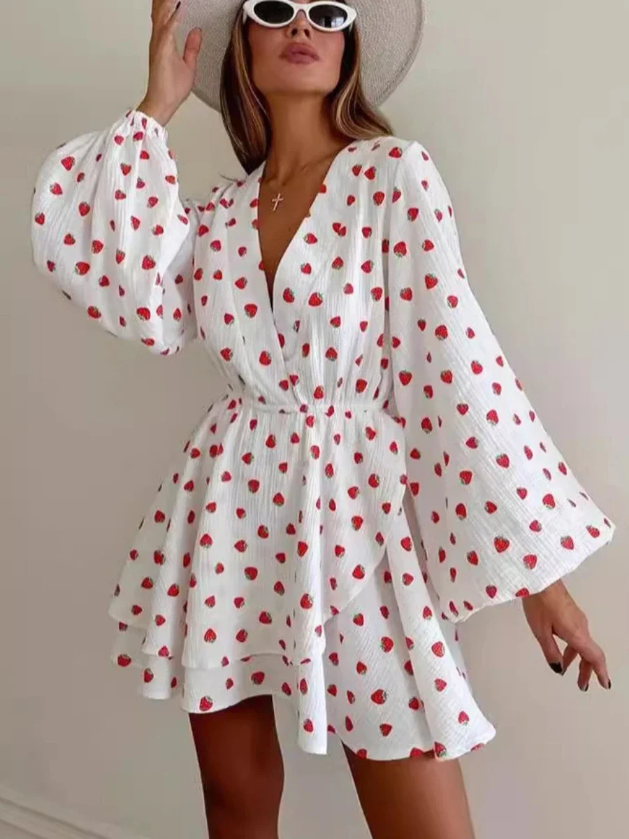 Bornladies 100% хлопок пышное платье с длинными рукавами клубничный принт v-образным