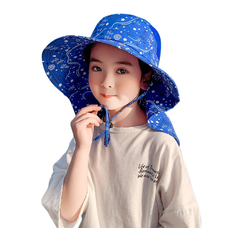 

Summer Kids Bucket Hat Big Brim Boy with Shawl Fisherman Hat Outdoor Beach Sun Hats Cartoon Breathable Sunscreen 2-7 Years