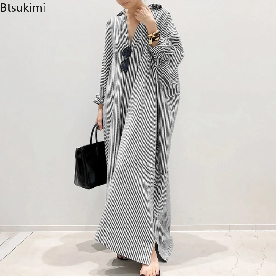 Plus Size 4XL 5XL Women's Casual Striped Cardigan Dress Female Tops Shirts Oversized Long Sleeve Tops Blouse Button Up Shirt