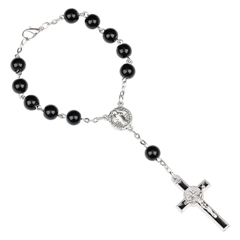 

Christian Catholic Enamel Cross Jesus Bracelet Black Beads Rosary Bracelets St Benedict Connectors Jewelry Christmas Gifts