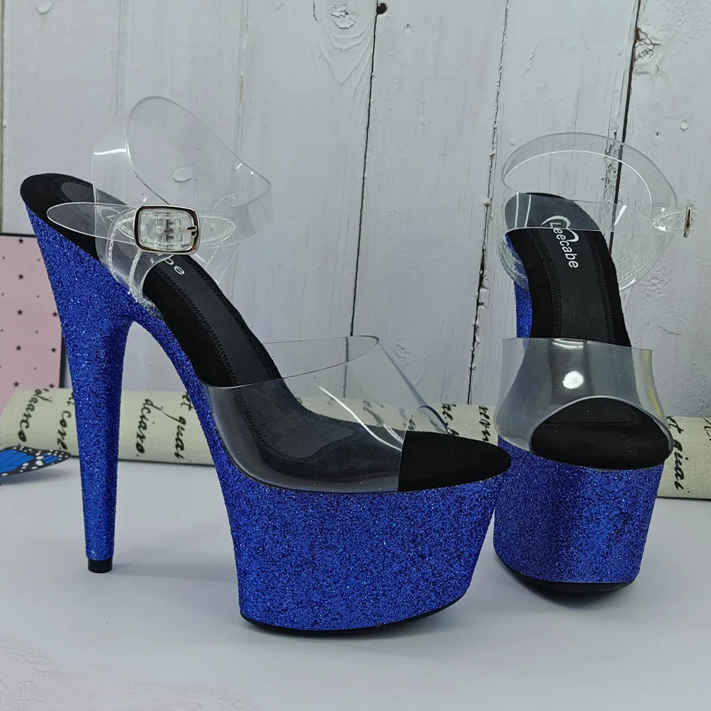 Leecabe Blue glitter 17CM/7Inch Women's Platform Sandals  party High Heels Shoes Pole Dancing Shoes