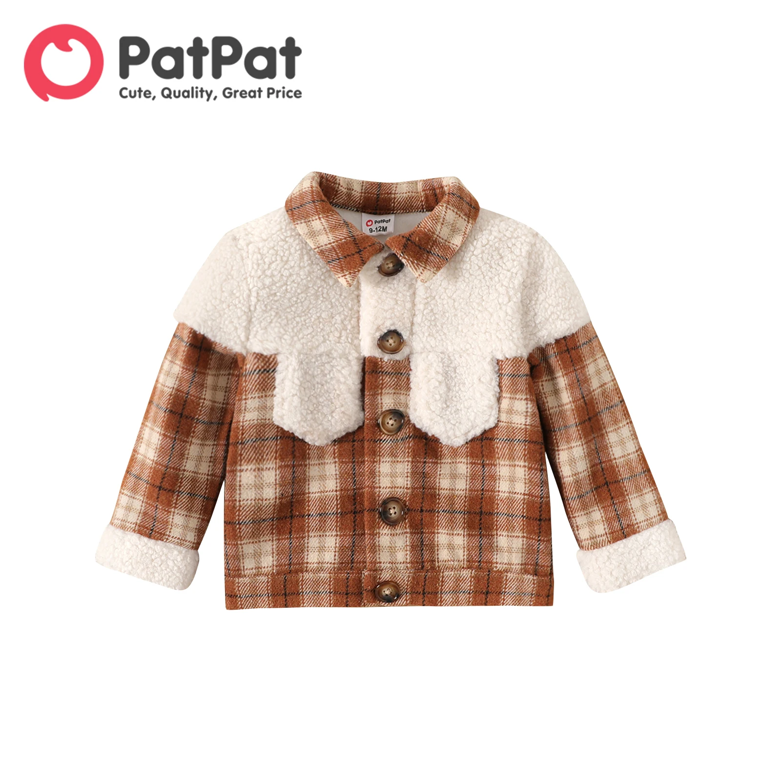 

PatPat Baby Boy Plaid Spliced Sherpa Fleece Long-sleeve Button Jacket