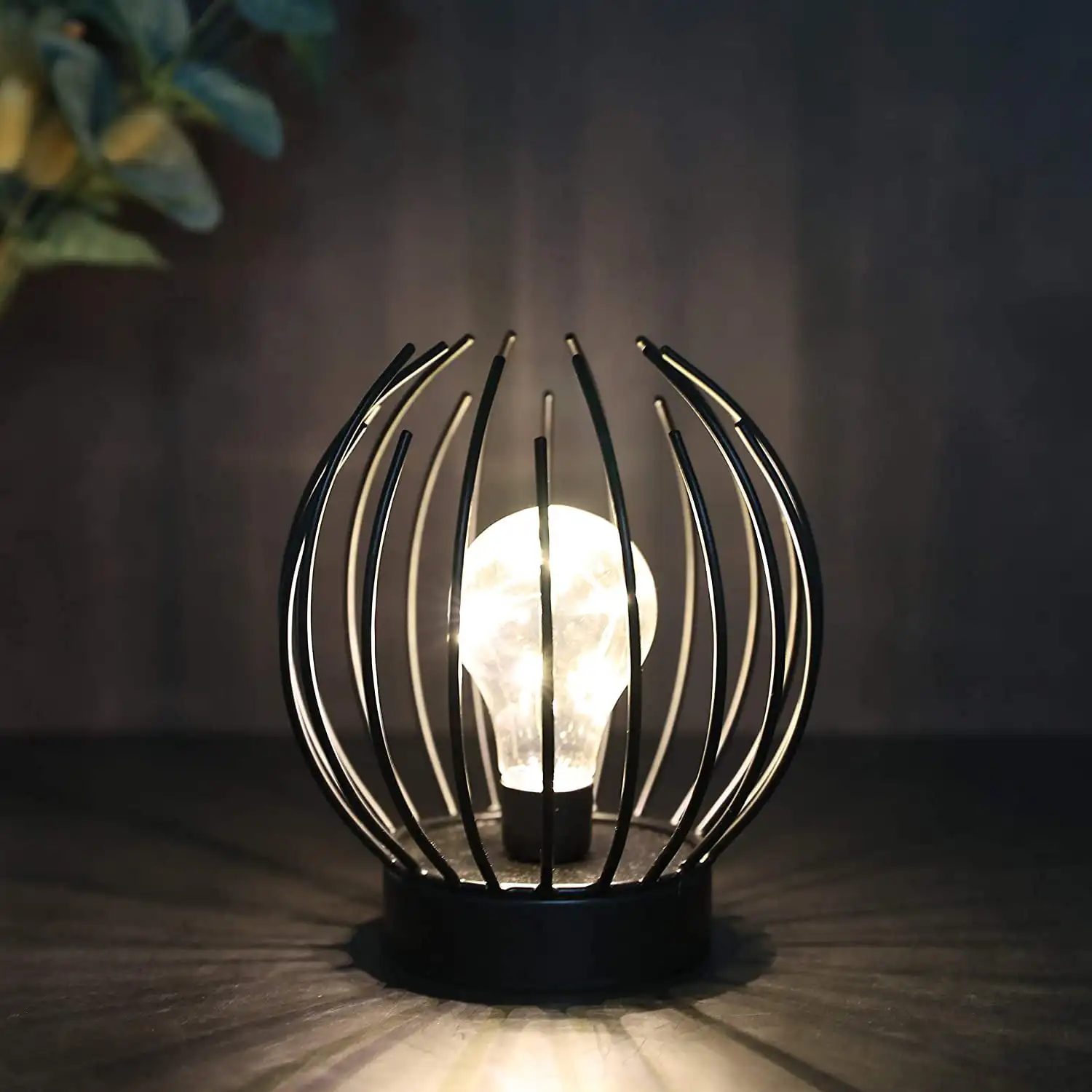 

Metal Cage Table Lamp Battery Powered Cordless lamp with LED Edsion Style Bulb