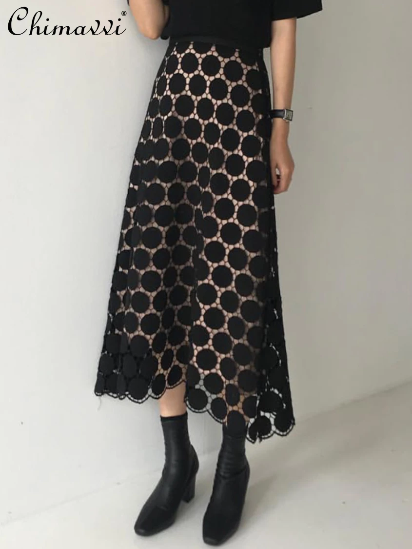 2022 Spring and Autumn New A- Line Polka Dot Skirt High-end Fashion Mid-Length High Waist Slim French Lace Fairy Women Skirts