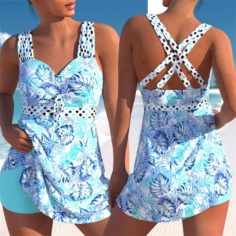 

2024 New Women's Tankini Swimsuit Large Size Split Boxer Skirt Color Printed Two-Piece Push-Up With Padded Swimwear Beach Wear