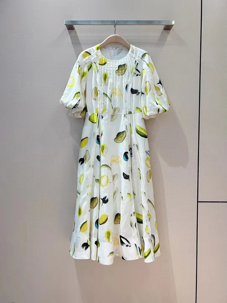 

100% Linen Cotton Puff Sleeve Fruit Printed Women Dress Elegant White Color High Quality Elegant Prairie Chic Long Dresses