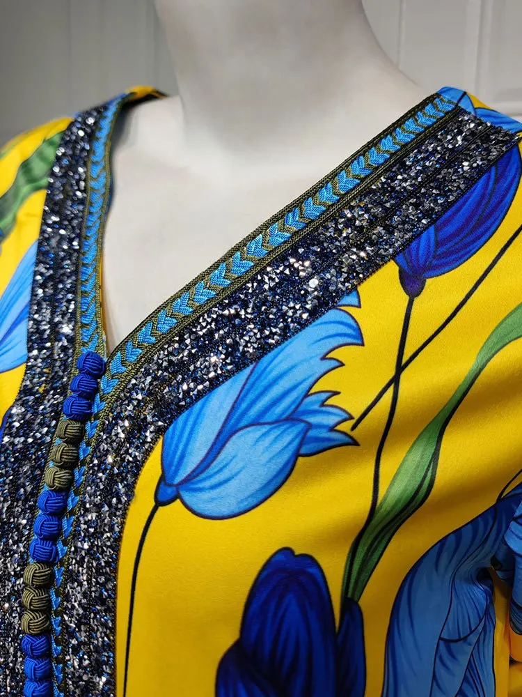 Floral Abaya Arabic Long Dress Women Diamonds Braid Trim Elegant Muslim Party Dresses Dubai Saudi Printed Jalabiya  Abayas