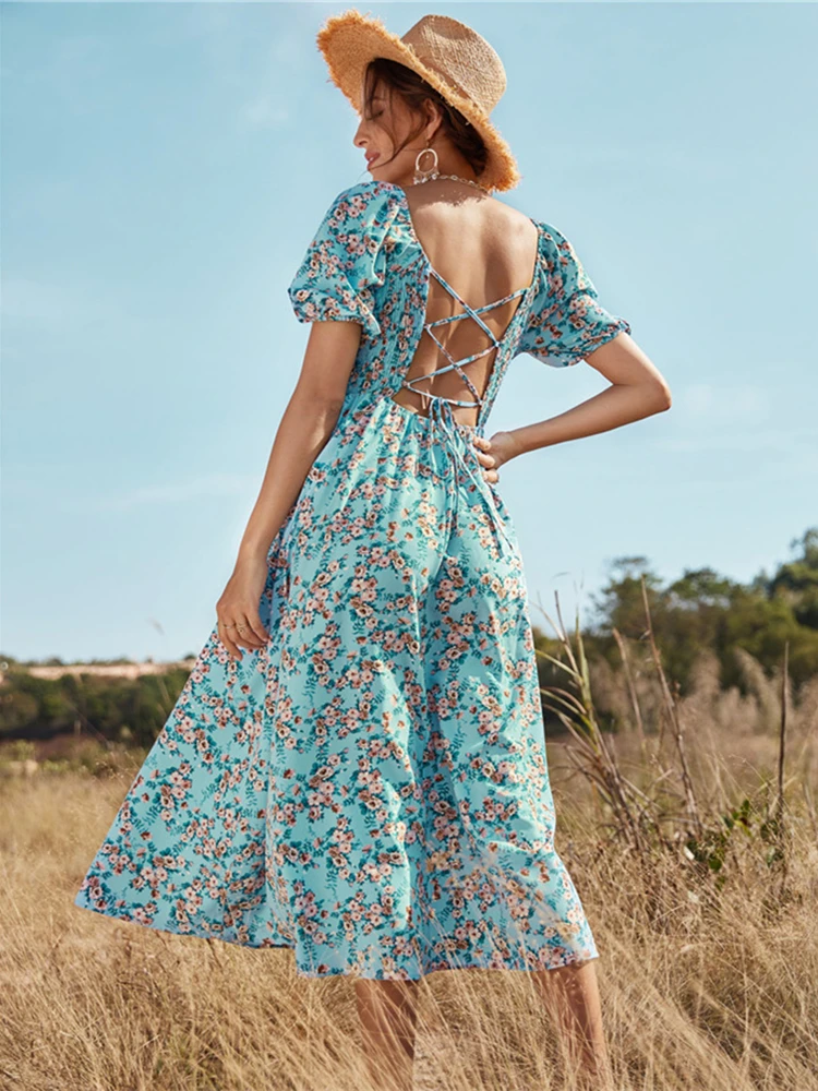 

Ladies Vintage Print Boho Summer Dress Women Sexy Backless Casual Ruffles Party Beach Sundress Women Dress Robe Vestidos Female