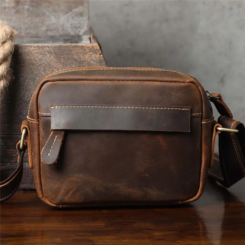Vintage genuine leather men's small crossbody bag outdoor casual simple high-quality luxury crazy horse cowhide shoulder bag