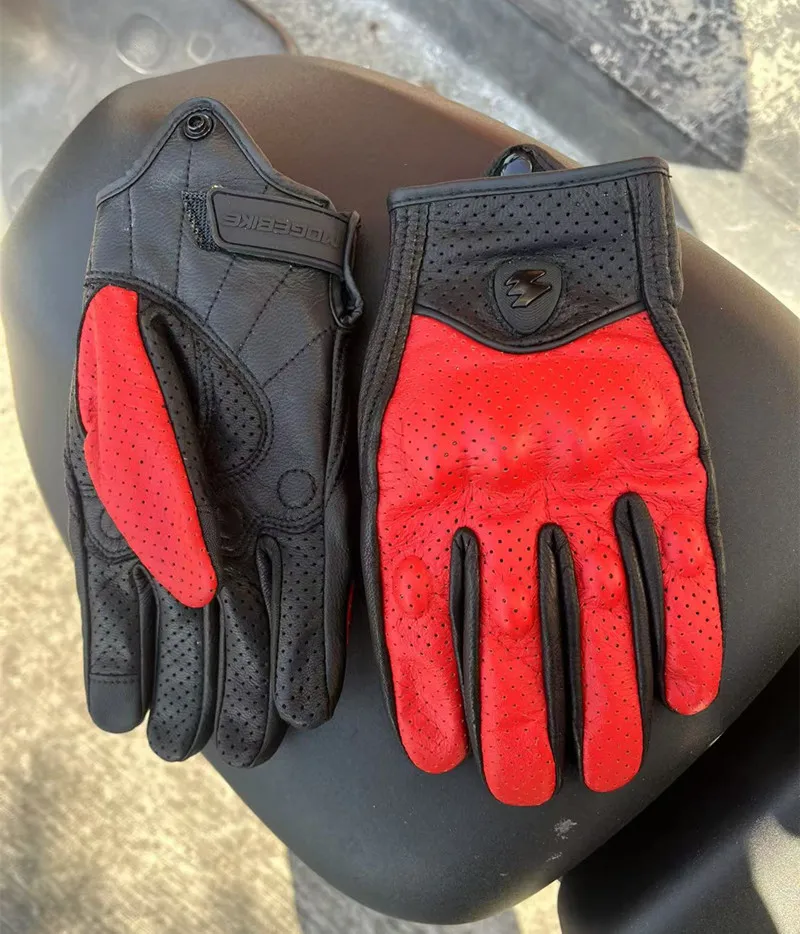 MOGEBIKE White Red Summer Breathable Perforation Motorcycle Gloves Retro Leather Full Finger Touchscreen Protection Glove