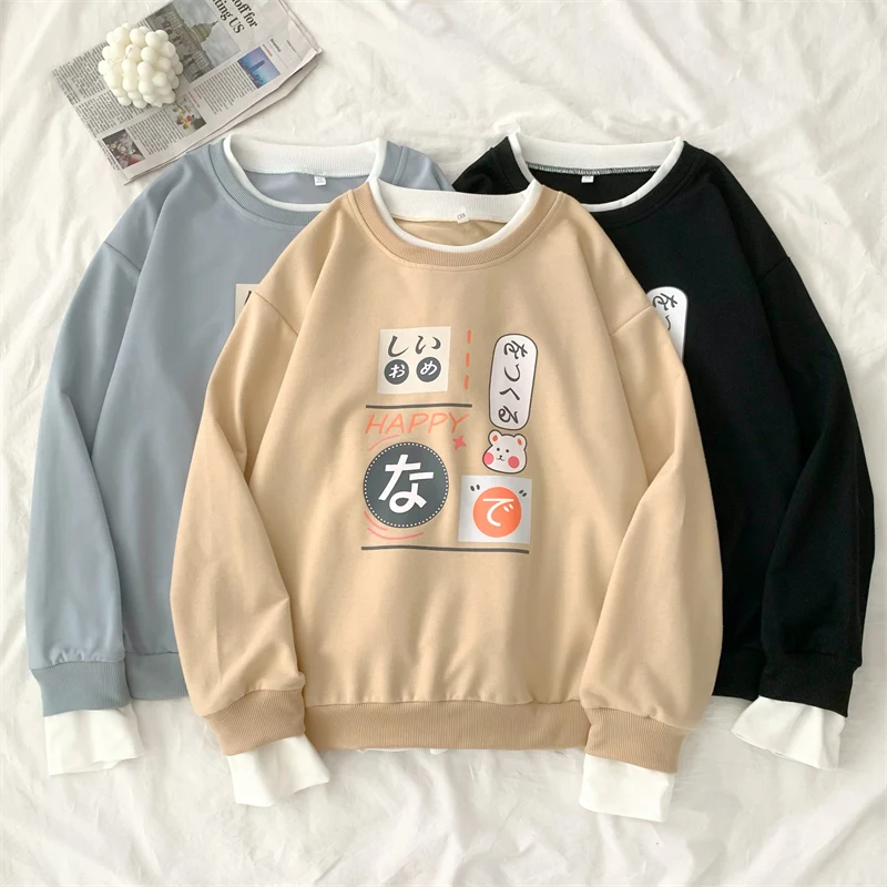 

Женская толстовка в стиле Харадзюку, Толстовка Оверсайз с имитацией двух предметов в японском стиле, Повседневная тонкая толстовка в стиле ...