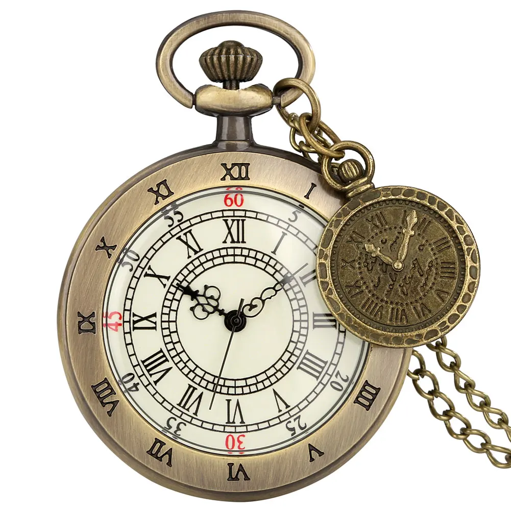 

Vintage Bronze Men's Pocket Watch Roman Numeral Double Time Zone Dial Slim Chain with Tag Nostalgic Pendant Clock Souvenir Gift