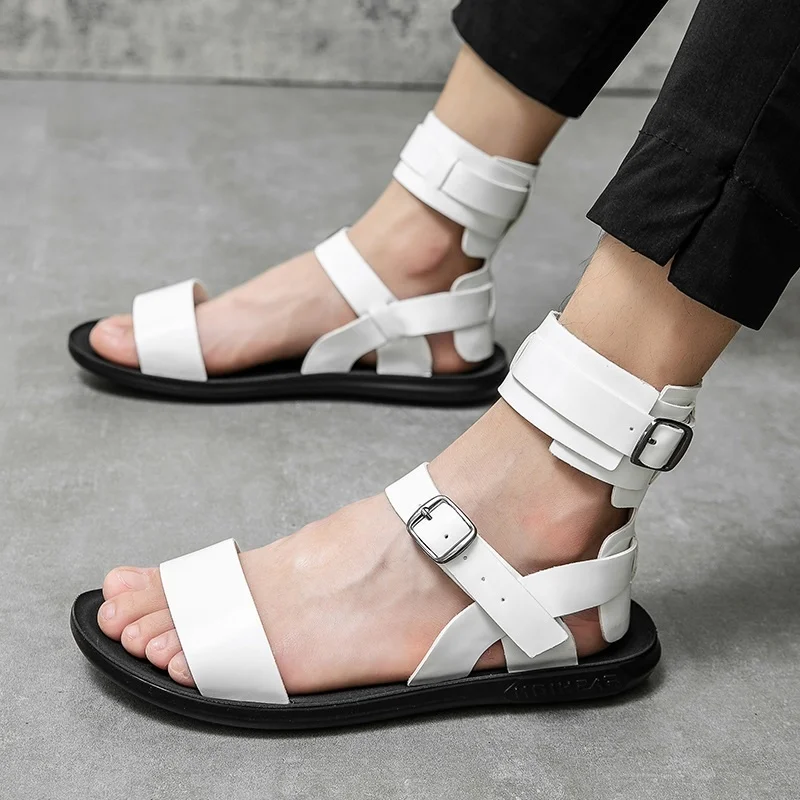 

Summer New Men Gladiators High Tops Belt Leather Casual Shoes Breathable Beach Sandals Outdoor Slippers Black White Plus Size