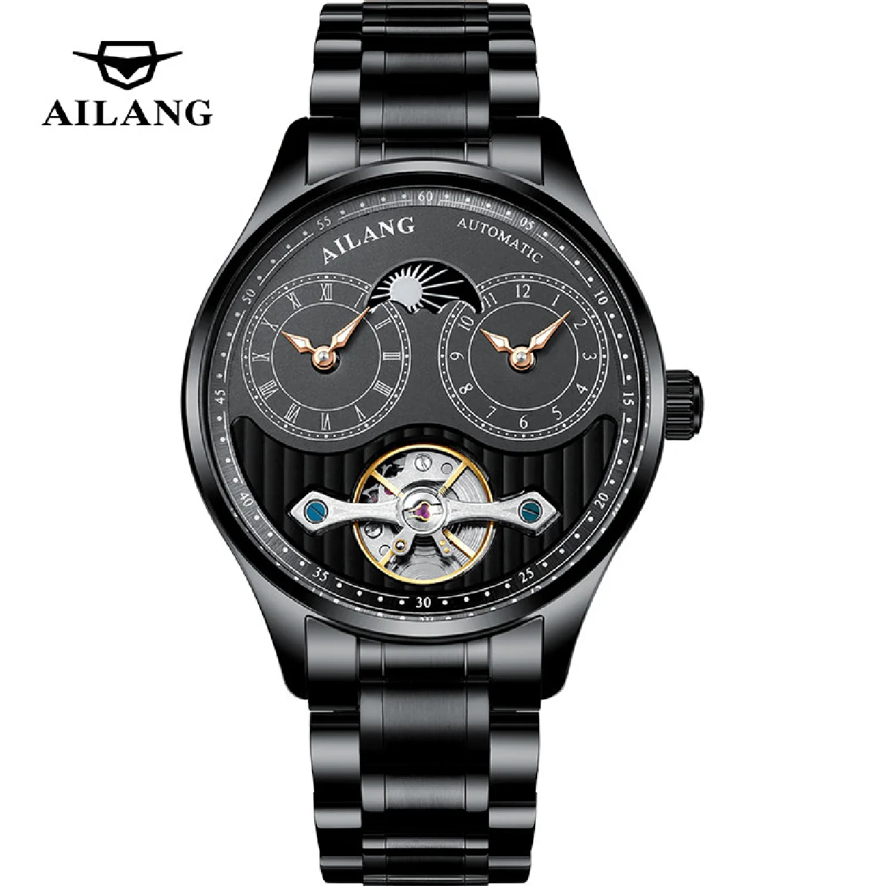 

AILANG 2022 Fashion Men Black All Steel Trendy Mechanical Mens Watch Luminous Hollow Waterproof Watches Automatic Watches 8607