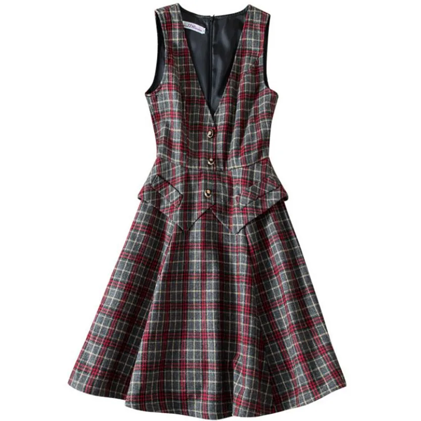 Vintage small fragrance autumn winter plaid woolen vest dress women v-neck slim high waist a-line dress