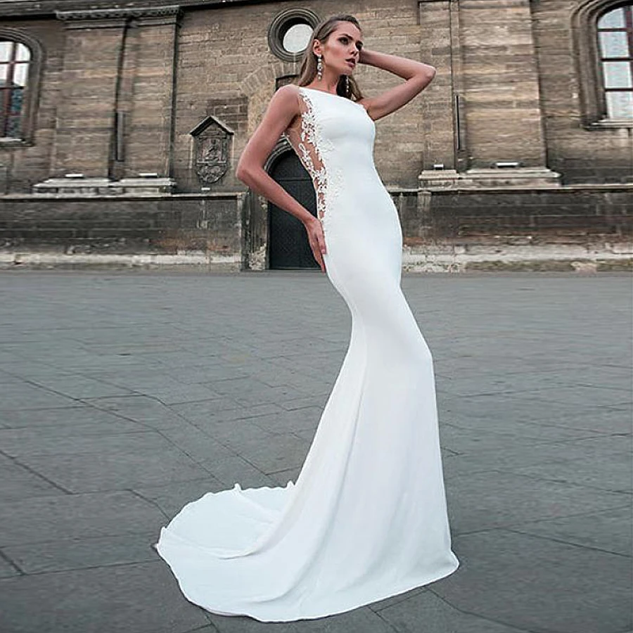 

Delicate Four Way Spandex Bateau Neckline Mermaid Wedding Dress Cutout Side Open Back Bridal Gowns vestido de noiva praia